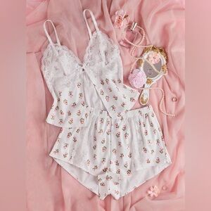 Floral Print Lace Pajama Set (Cami Top & Shorts)